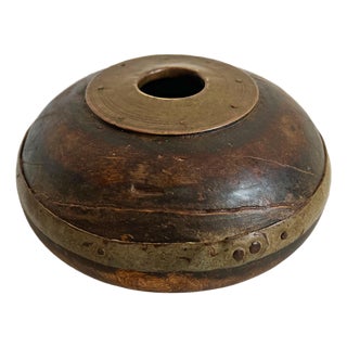 Antique India Brass & Wood Tobacco Container For Sale