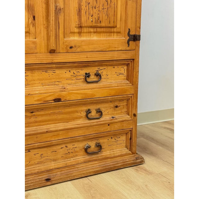 Vintage Armoire Knotty Pine Mexican Iron Hardware Coat Rack Three Drawer For Sale - Image 14 of 18