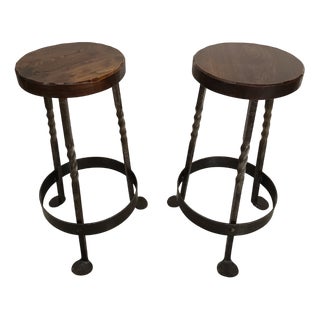 Brutalist Bar Stools in Elm and Wrought Iron, 1950s, Set of 2 For Sale