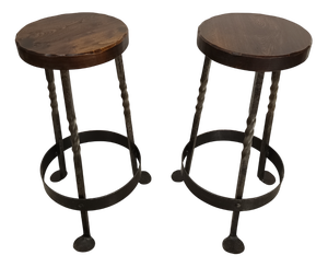 Brutalist Bar Stools in Elm and Wrought Iron, 1950s, Set of 2