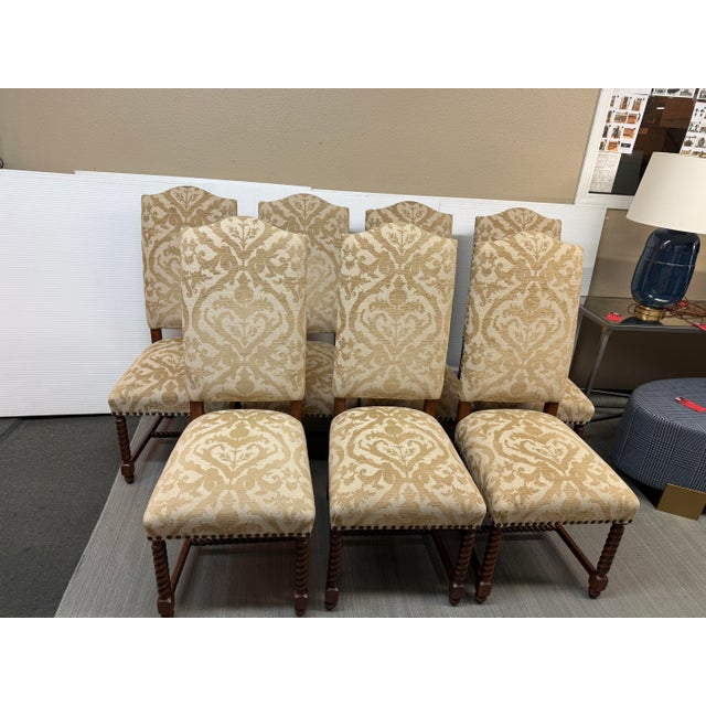Design Plus Gallery presents a Set of Seven High Back Damask Print Dining Chairs. These magnificent dining chairs are made...