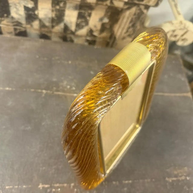 1990s Barovier Style Art Deco Amber Murano Glass and Brass Picture Frame For Sale - Image 11 of 13