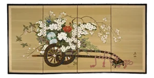 Japanese Showa Byobu Folding Screen of Hanaguruma Flower Cart on Silk