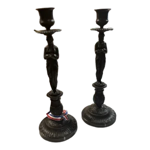 19th Century Bronze Candleholders, Greek Female Figures - a Pair