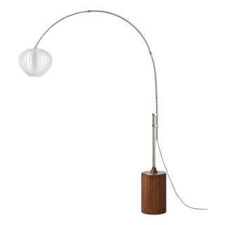 Tambo Arc Floor Lamp - Dark Walnut, Sphere White Shade, Satin Nickel Body, Dimmable For Sale