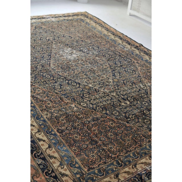 Persian 1930s Navy, Coral, Salmon & Beige Ancient Pattern Rug, 7.10 x 12.4 For Sale - Image 3 of 11