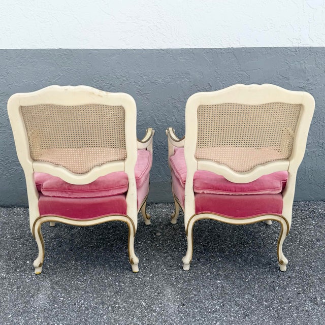 Vintage French Provincial Pink Velvet and Cain Back Chairs - A Pair For Sale - Image 4 of 11
