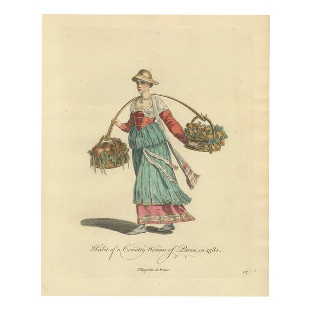 European School, Italian Country Woman Costume Pavia Peasant Dress, 1749, Paper Engraving For Sale