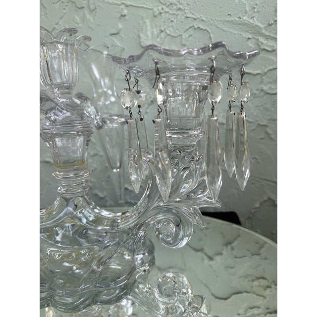 Vintage Cambridge Glass Crystal Epergne Candelabra With Hanging Prisms and Oval Mirror Display Base For Sale In Orlando - Image 6 of 12