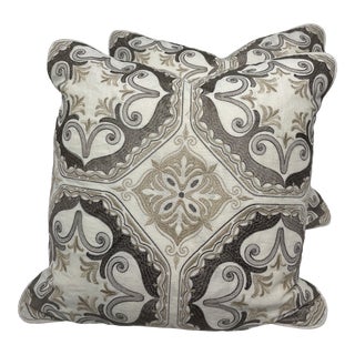 Embroidered Art Deco Silver and Gold Pattern Pillows - Pair For Sale