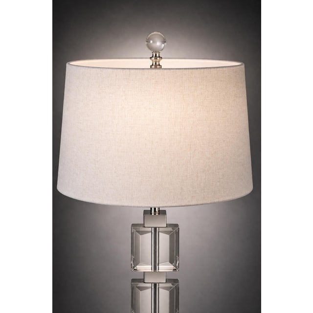 Late 20th Century Modern Architectural Stacked Glass Cube Table Lamp — 30” Geometric Chrome & Crystal With Linen Drum Shade For Sale In Los Angeles - Image 6 of 6
