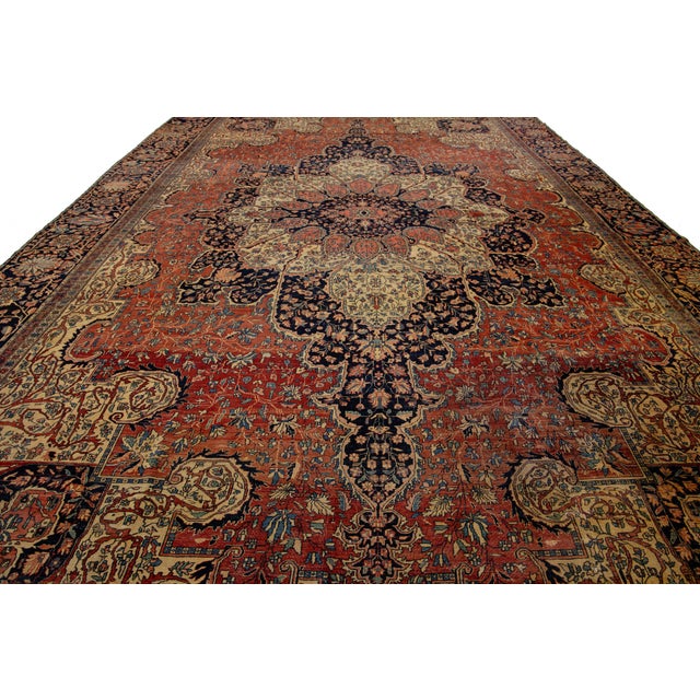 Oversized Antique Persian Farahan Red Wool Rug Featuring a Medallion Design For Sale - Image 11 of 12