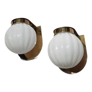 Pair Vintage Art Deco Wall Sconces Fixture Brass & Ribbed Milk Glass Shade Lamp Ship Light
