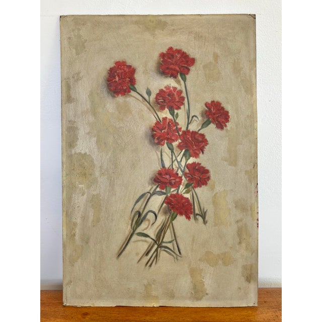 Red Antique Botanic Oil Painting of Red Carnations, Late 19th Century For Sale - Image 8 of 8