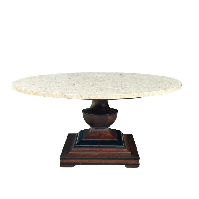 Vintage Mid-Century Italian Marble and Wood Pedestal Coffee Table - Ivory Round Top & Sculptural W For Sale - Image 6 of 11