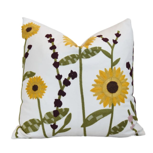 Shabby Chic Abstract Woven Golden Yellow Sunflower Flowers Feather/Down Pillow 20” Square For Sale - Image 3 of 8