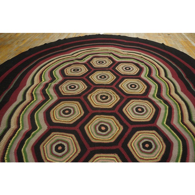 Oval Shape Hexagonal Geometric Modernist Design Antique American Folk Art Braided Rug For Sale - Image 4 of 18