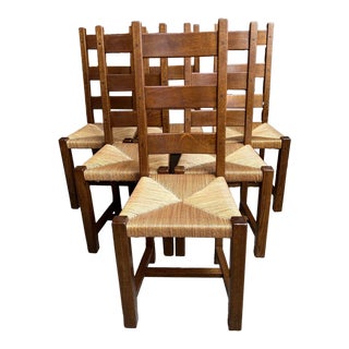 Set 6 Antique French Ladder Back Dining Chairs Carved Oak Rush Seat Country For Sale