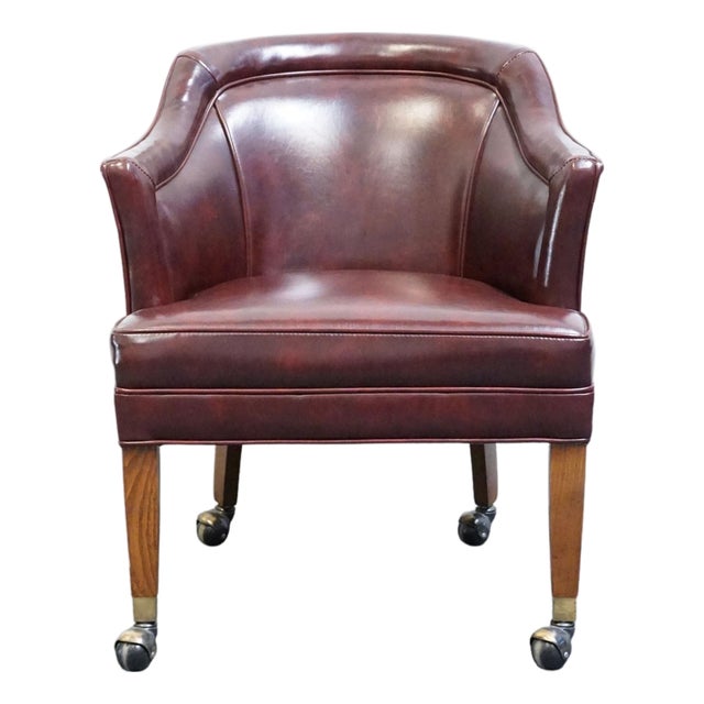 Hickory Leather Co. Burgundy Leather Upholstered Wheeled Club Game Chair For Sale