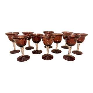 Rare Vintage Mid-Century Bill Blenko Designed Art Glass Air Twist Amethyst Port/Dessert Glasses- Set of 10 For Sale