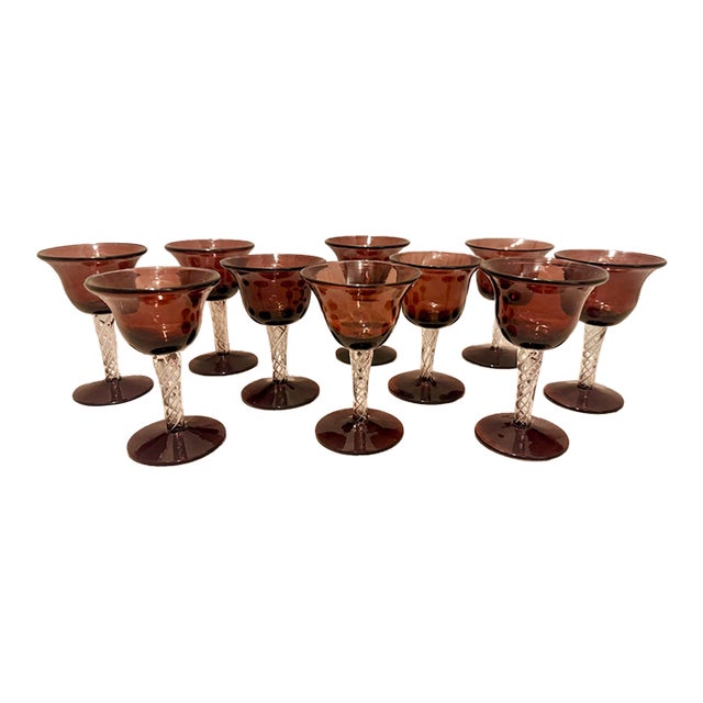 Rare Vintage Mid-Century Bill Blenko Designed Art Glass Air Twist Amethyst Port/Dessert Glasses- Set of 10 For Sale