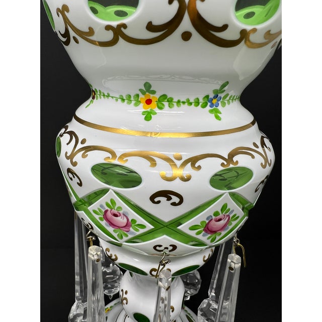 Vintage Bohemian Czech Green Overlay Luster Vase With Crystal Prisms, Hand-Painted Roses, Hollywood Regency Mantel Decor For Sale - Image 4 of 7