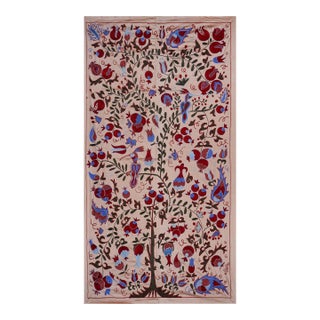 Beige Uzbek Suzani Wall Hanging – Tree of Life Pomegranate Embroidery Textile Art 3'5'' X 6'2'' For Sale