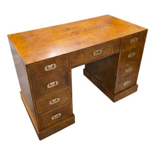 Vintage Burlwood Campaign Kneehole Desk For Sale