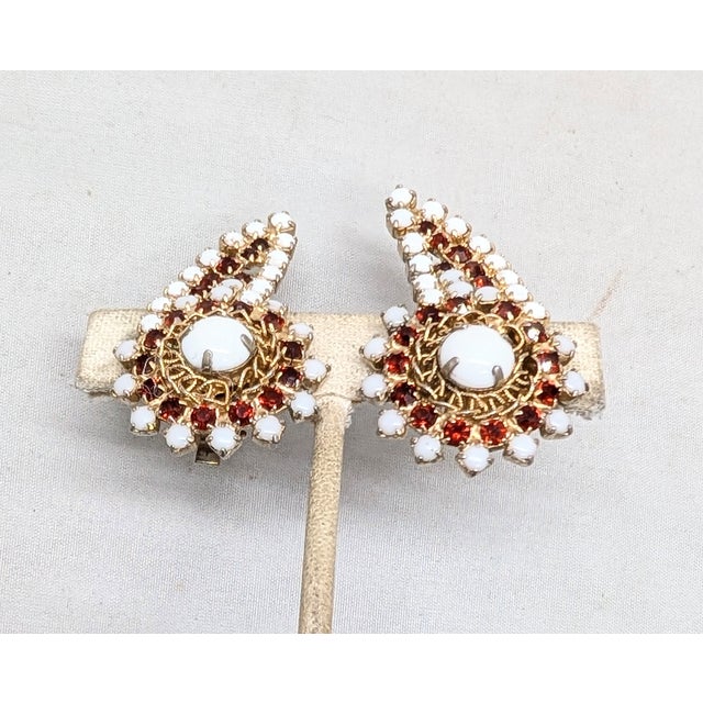 1960s Vintage 1960s Signed Hobe White & Red Rhinestone Climber Clip Earrings-2 Pieces For Sale - Image 5 of 8