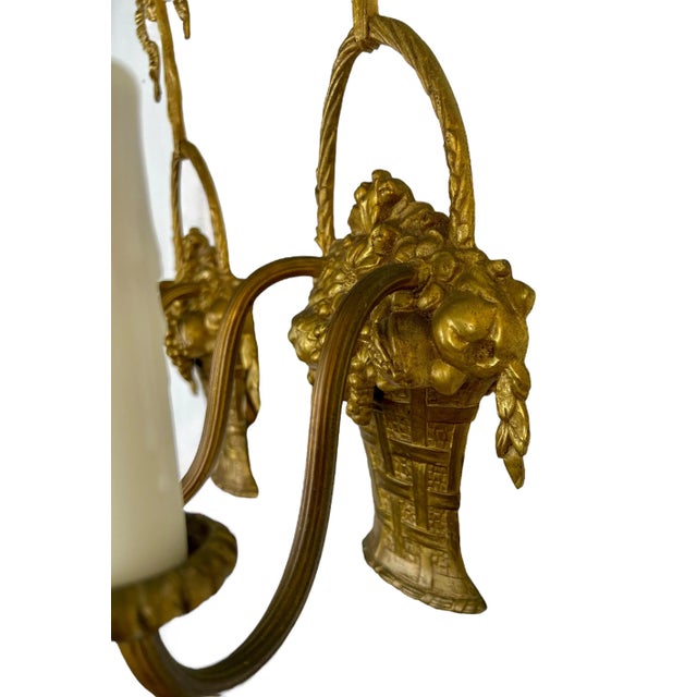 Pair of Vintage French Gilded Bronze Fruit & Flower Basket Wall Sconces, Louis XVI Style For Sale In Houston - Image 6 of 10