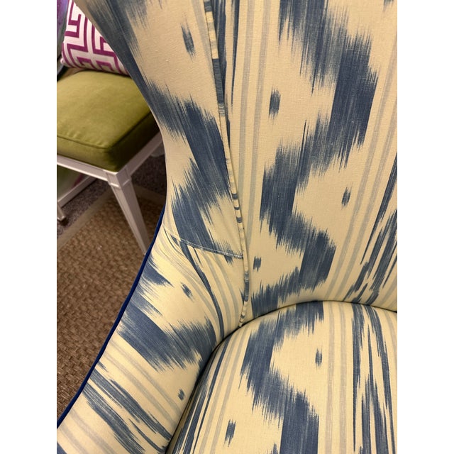 Custom Pair of Wingback Chairs Upholstered in Toile De Nantes & Colefax & Fowler Velvet in Blue & White For Sale - Image 11 of 11