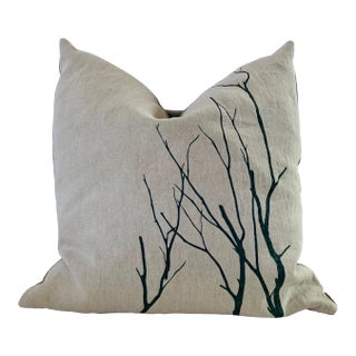 Botanical Hand Printed Linen Pillow - Blue Branch For Sale