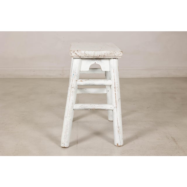 Vintage Chinese Rustic Country Style White Painted Wooden Stool For Sale - Image 4 of 16