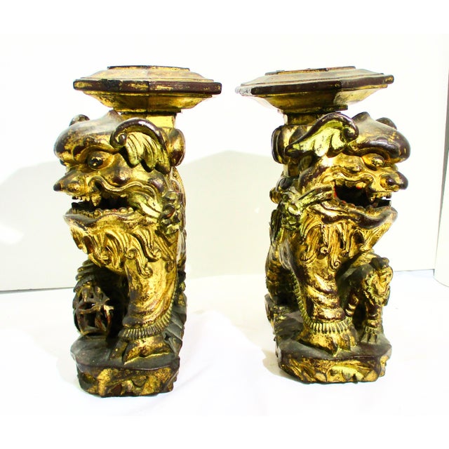 Chinese Chinese Gilt Foo Dogs Candle Stands 19th Century - A Pair of 2 For Sale - Image 3 of 12