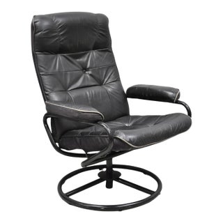 Vintage Black Leather Ekornes Stressless Style Swivel Recliner Lounge Chair For Sale