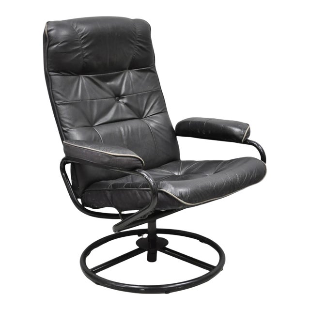 Vintage Black Leather Ekornes Stressless Style Swivel Recliner Lounge Chair For Sale