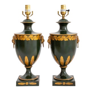 Regency Style Tole Peinte Urn Form Lamps, Pair For Sale