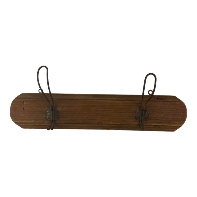 Vintage Primitive Wood and Metal Coat Rack For Sale