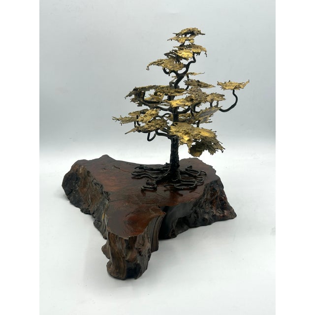 Mid-Century Brutalist Gilt Bronze Bonsai Tree Sculpture on Burl Wood Basee For Sale - Image 9 of 18