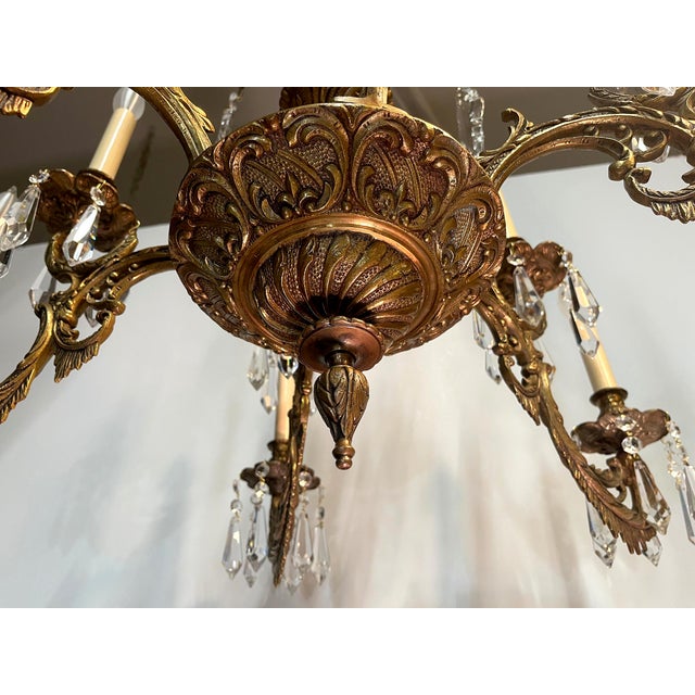 Antique Spanish Brass 6-Arm Heavy Chandelier With Crystal For Sale - Image 10 of 12