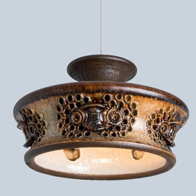 1970s Flat Brown Beige Ceramic Pendant Light, Denmark, 1970s For Sale - Image 5 of 13