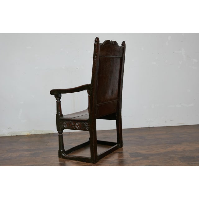 English Jacobean 1690s Oak High Back Armchair with Carved Décor and Turned Legs For Sale - Image 4 of 12