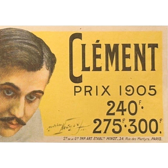 Art Deco 1905 Original Vintage French Cycles Clement Tires Advertisement - Paris (Yellow Man) For Sale - Image 3 of 3