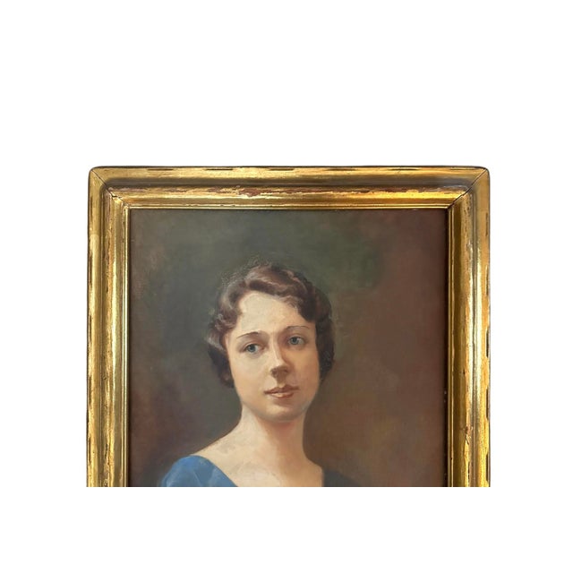 Art Deco 1920’s Vintage Oil on Canvas Portrait Painting of Lady/Woman in Blue Dress With Original Gilt Newcomb Macklin Style Frame by Elizabeth Nugent For Sale - Image 3 of 7