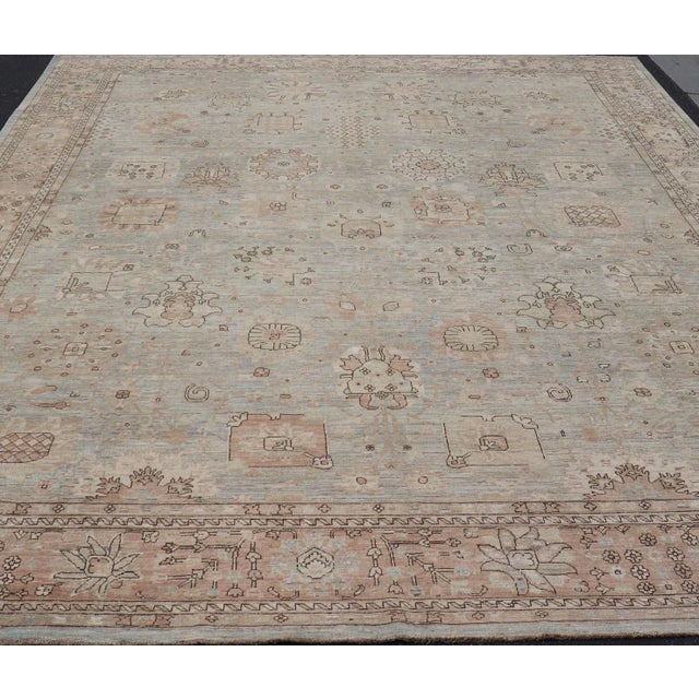 Tribal Modern Oushak Rug With Soft Blue-Green Field and Warm Taupe 11'11 X 15'1 For Sale - Image 3 of 12