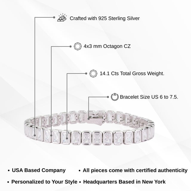 Art Deco Revival Bezel Set Cubic Zirconia Tennis Bracelet in 925 Sterling Silver - Carat&Her For Sale - Image 11 of 14
