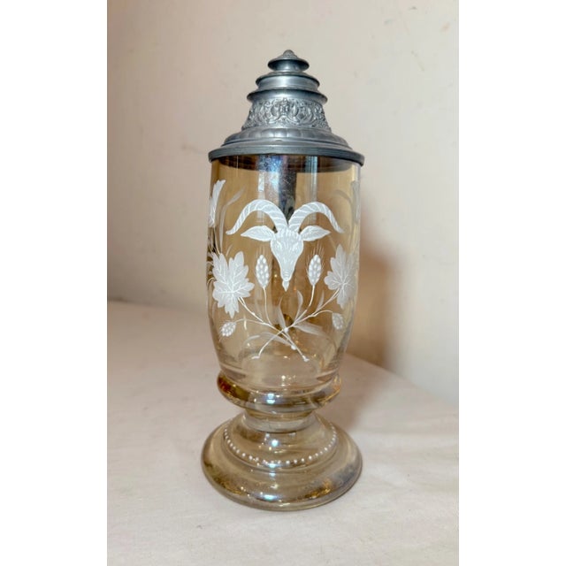 Large Antique Enameled Hand Blown Glass Pewter German Lidded Beer Stein Mug For Sale - Image 4 of 11