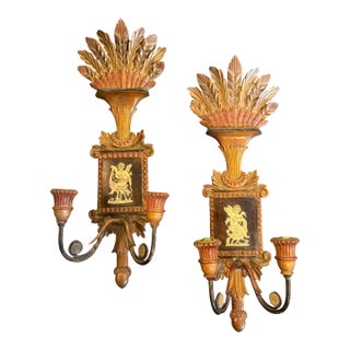 1950s Neo Classic Style Lacquered Wood Florentine Wall Sconces - Set of 2 For Sale