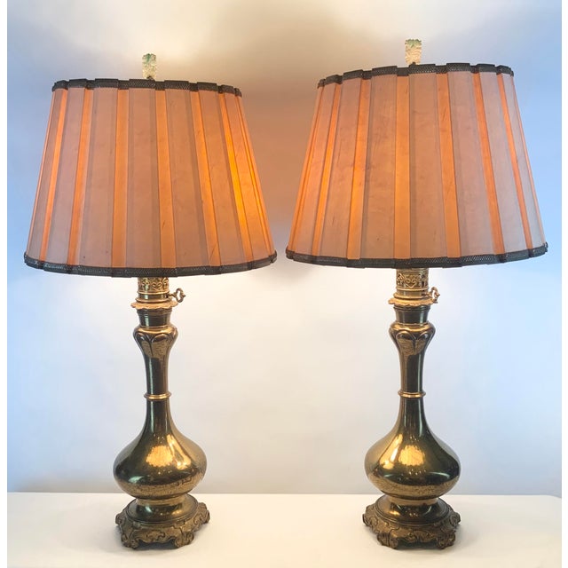 1950s Pair of Hollywood Regency Brass Lamps For Sale - Image 10 of 15