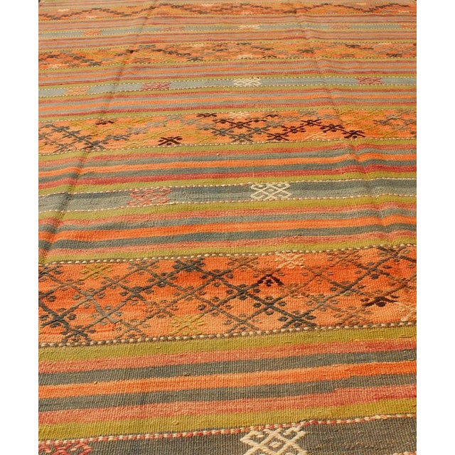 Textile Colorful Vintage Embroidered Kilim With Stripe's and Geometric Motifs 6' X 12 For Sale - Image 7 of 11